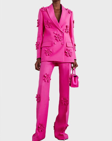 Three-Dimensional Flower Blazer & Straight Pants 2 Piece Set (Pink)