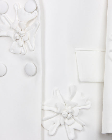 Three-Dimensional Flower Blazer & Straight Pants 2 Piece Set (White)