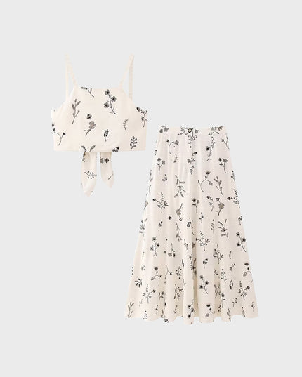 Embroidered Linen Top & High Waist Skirt Set