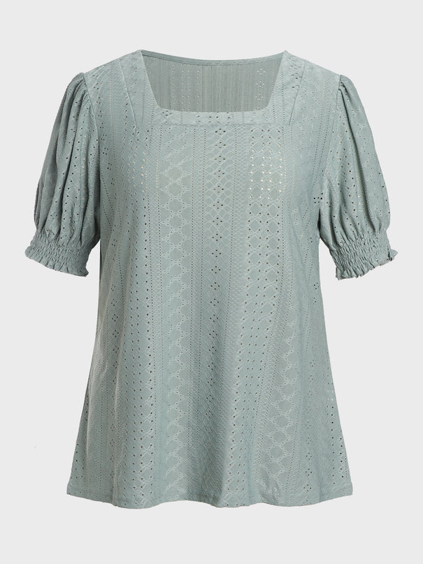 Square Neck Jacquard Puff Sleeve Top