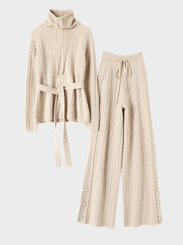 Turtleneck Lace-Up Sweater & Wide Leg Drawstring Pants Two-Piece Set (Apricot)