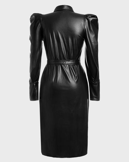 Puff Long Sleeve Faux Leather Belted Dress