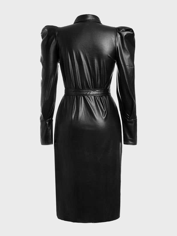 Puff Long Sleeve Faux Leather Belted Dress