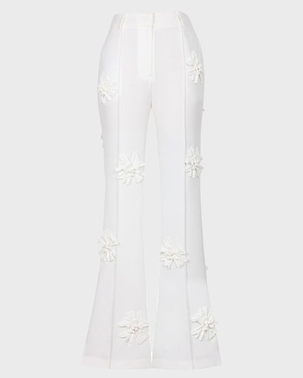 Three-Dimensional Flower Blazer & Straight Pants 2 Piece Set (White)