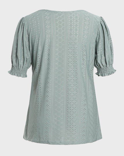 Square Neck Jacquard Puff Sleeve Top