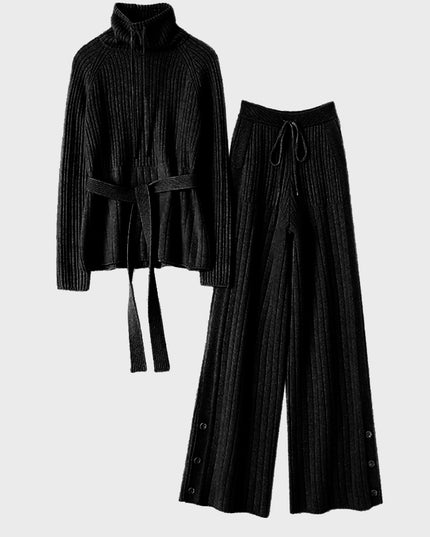 Conjunto de dos piezas de suéter con cordones y cuello alto y pantalones anchos con cordón (negro)