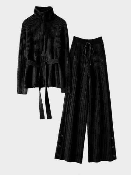 Turtleneck Lace-Up Sweater & Wide Leg Drawstring Pants Two-Piece Set (Black)