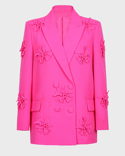 Three-Dimensional Flower Blazer & Straight Pants 2 Piece Set (Pink)