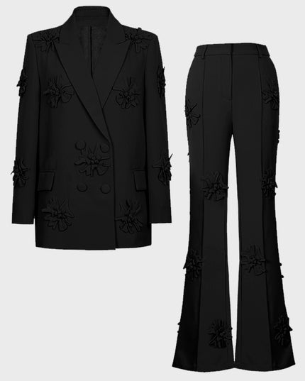Three-Dimensional Flower Blazer & Straight Pants 2 Piece Set (Black)