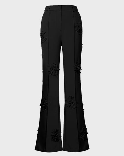 Three-Dimensional Flower Blazer & Straight Pants 2 Piece Set (Black)