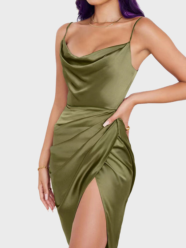 Satin Pleated Backless Suspender Dress