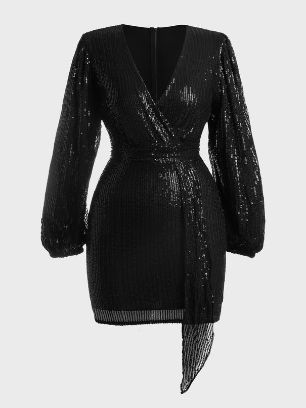 V-Neck Lantern Sleeved Sequined Mini Dress (Black)