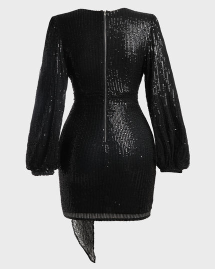 V-Neck Lantern Sleeved Sequined Mini Dress (Black)