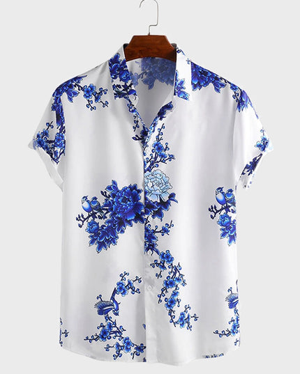 Ink Blossom Print Beach Shirt Set for Men