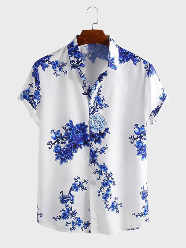 Ink Blossom Print Beach Shirt Set for Men