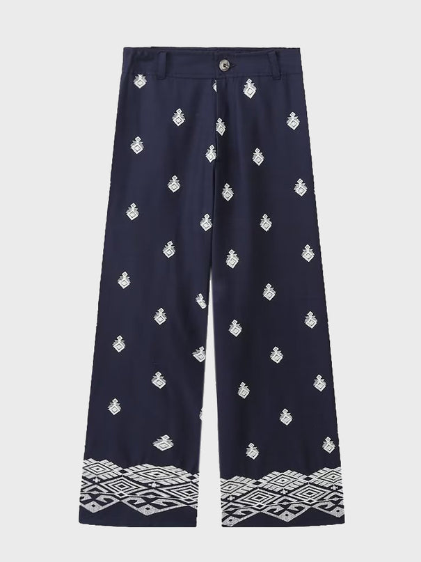 Retro Print Linen High-Waisted Pants