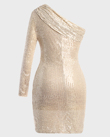 One-Shoulder Oblique Sequined Midi Dress (Gold)
