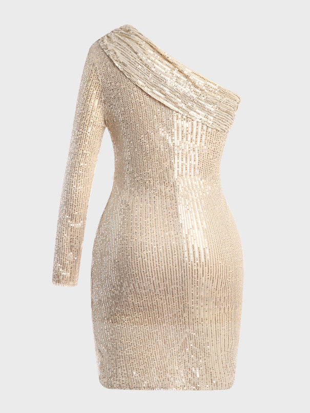 One-Shoulder Oblique Sequined Midi Dress (Gold)