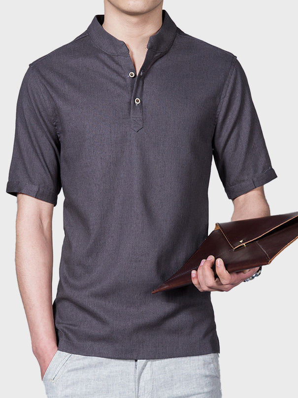 Solid Linen Stand Collar Men's Shirt