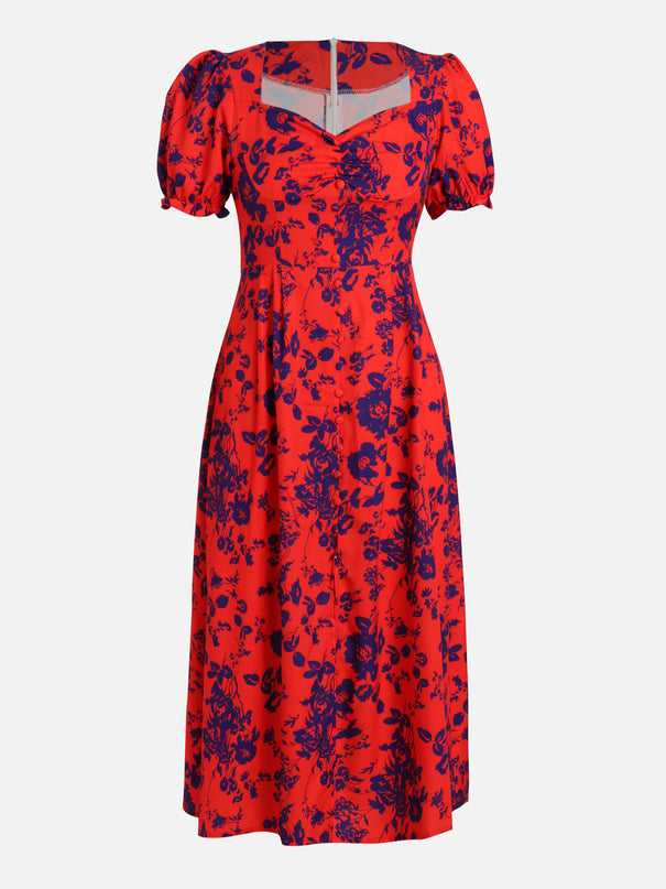 Red Floral Square Collar Slit Dress