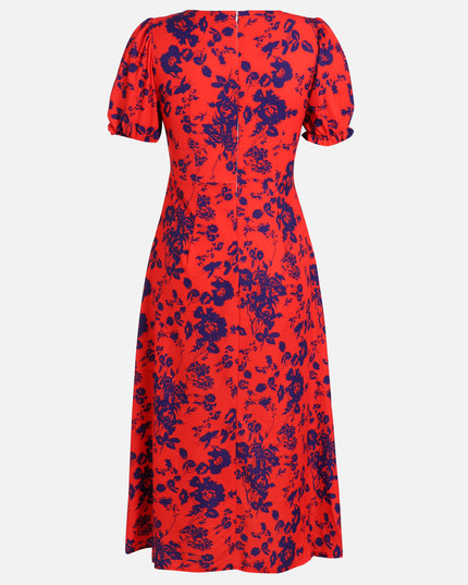 Red Floral Square Collar Slit Dress