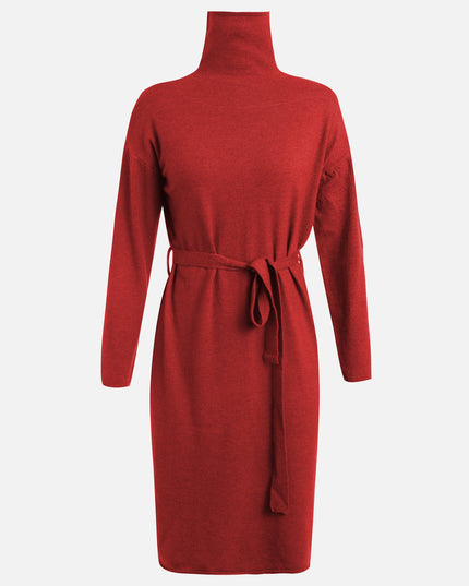 Knitted Turtle Neck Lace-Up Waist Midi Dress (Red)