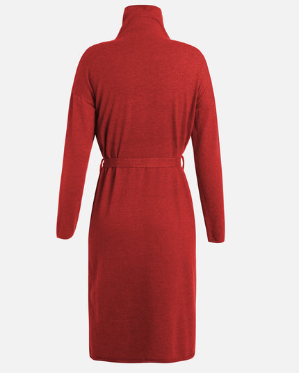 Knitted Turtle Neck Lace-Up Waist Midi Dress (Red)