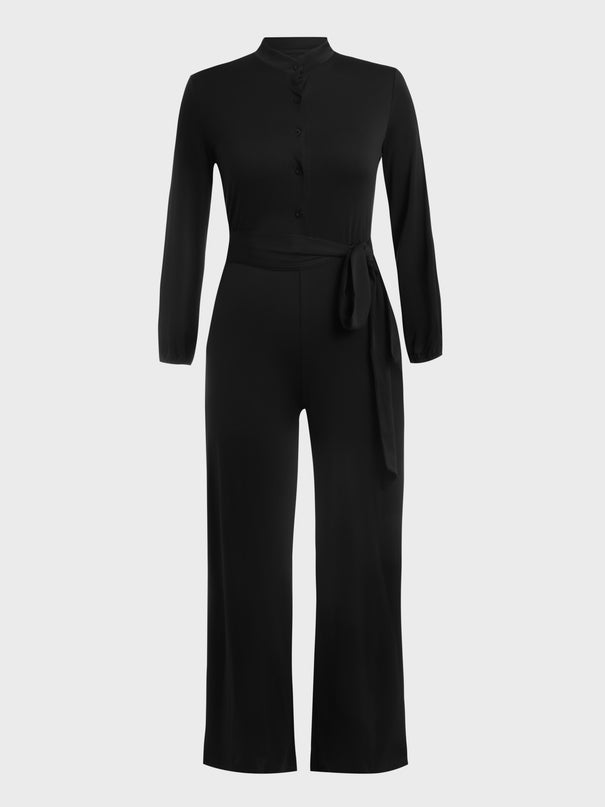 Waist Lace-Up Buttoned Jumpsuit (Black)