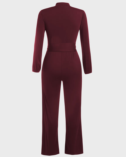 Waist Lace-Up Buttoned Jumpsuit (Wine Red)