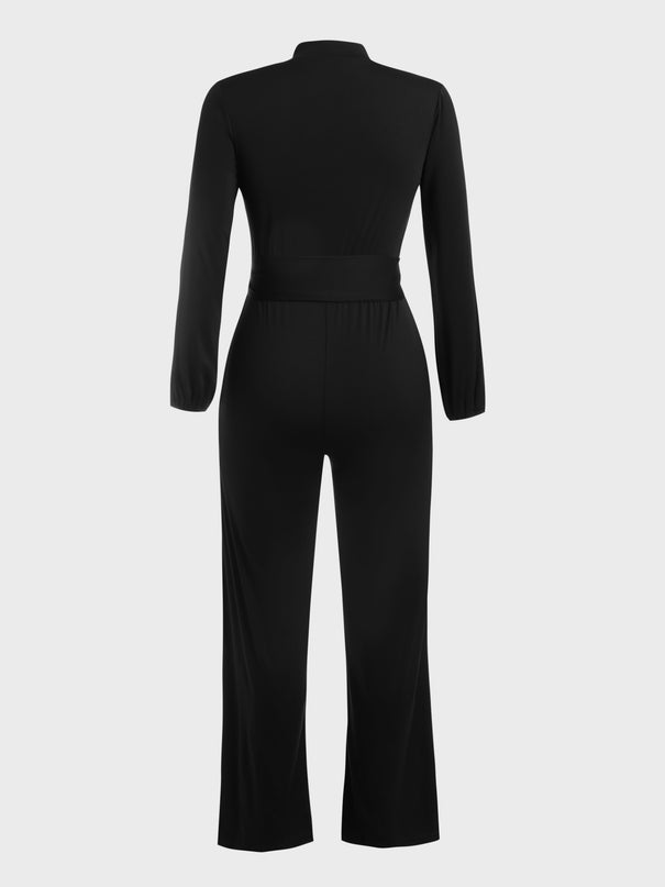 Waist Lace-Up Buttoned Jumpsuit (Black)