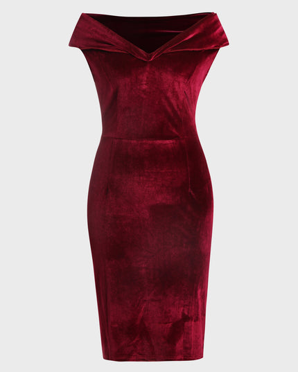 Gold Velvet Off-Shoulder Midi Dress (Red)
