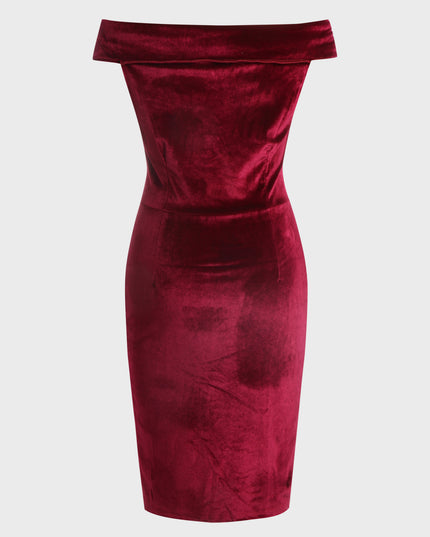 Gold Velvet Off-Shoulder Midi Dress (Red)