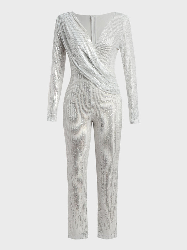 Deep V-Neck Sequined Jumpsuit (White)