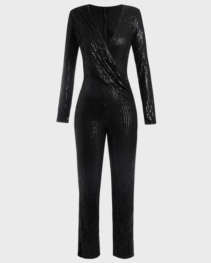 Deep V-Neck Sequined Jumpsuit (Black)