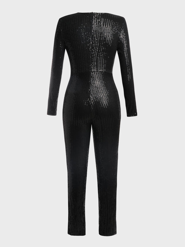 Deep V-Neck Sequined Jumpsuit (Black)