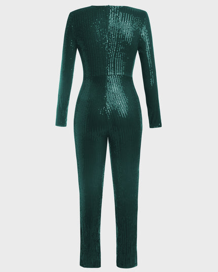 Deep V-Neck Sequined Jumpsuit (Green)