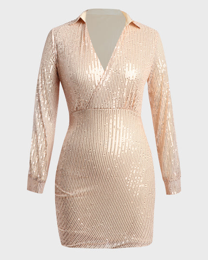 Deep V-Neck Long Sleeve Sequined Mini Dress (Gold)