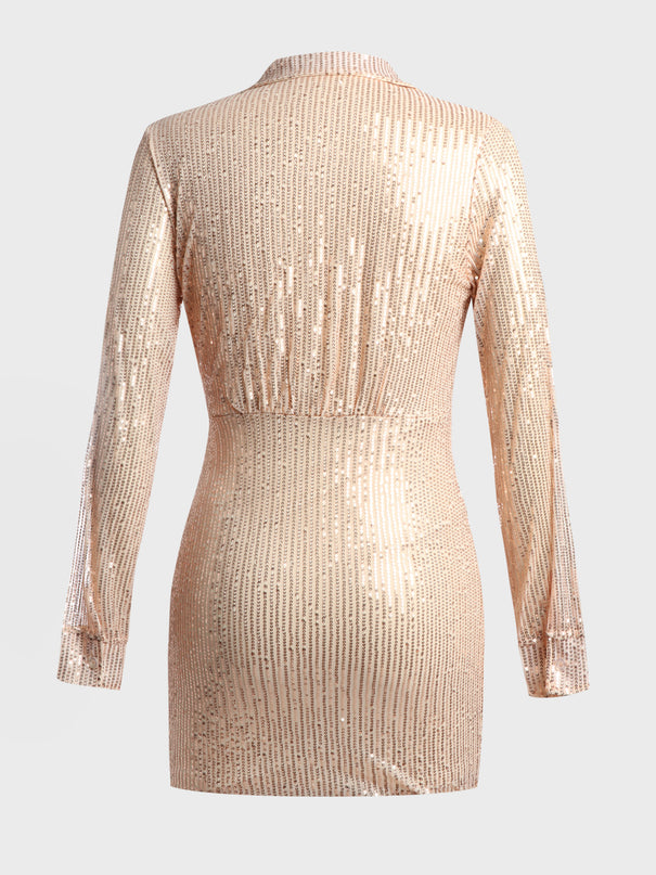 Deep V-Neck Long Sleeve Sequined Mini Dress (Gold)