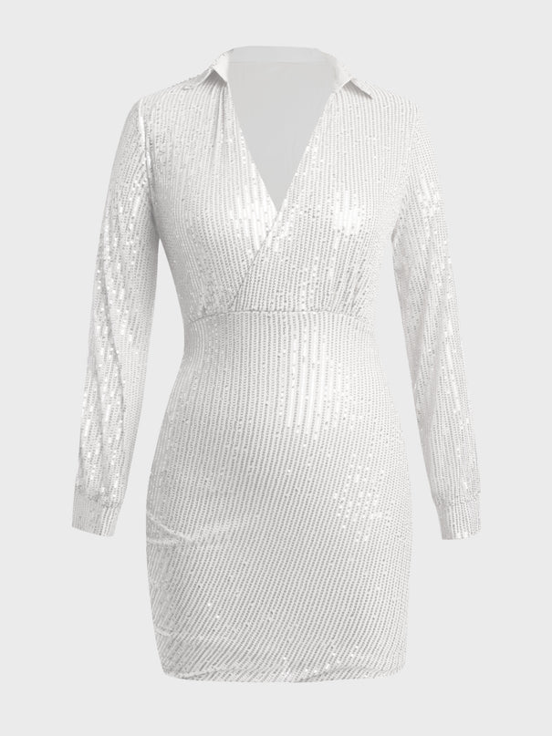 Deep V-Neck Long Sleeve Sequined Mini Dress (White)