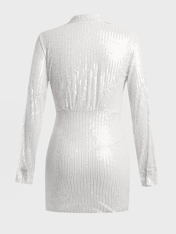 Deep V-Neck Long Sleeve Sequined Mini Dress (White)