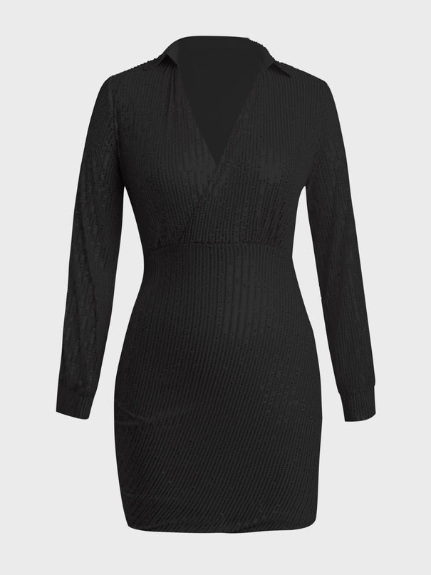 Deep V-Neck Long Sleeve Sequined Mini Dress (Black)