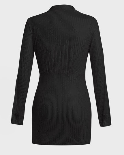 Deep V-Neck Long Sleeve Sequined Mini Dress (Black)