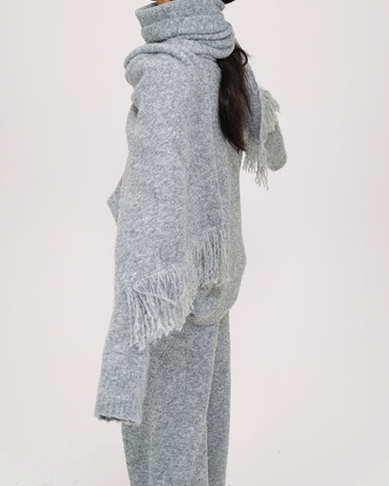 Wool Knitted V-Neck Sweater With Scarf and Wie Leg Pants 3 Piece Suit