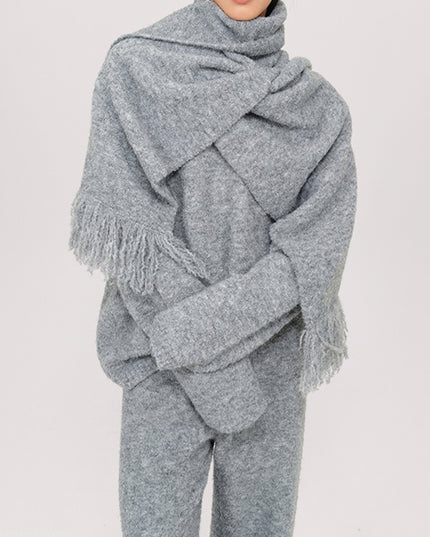 Wool Knitted V-Neck Sweater With Scarf and Wie Leg Pants 3 Piece Suit