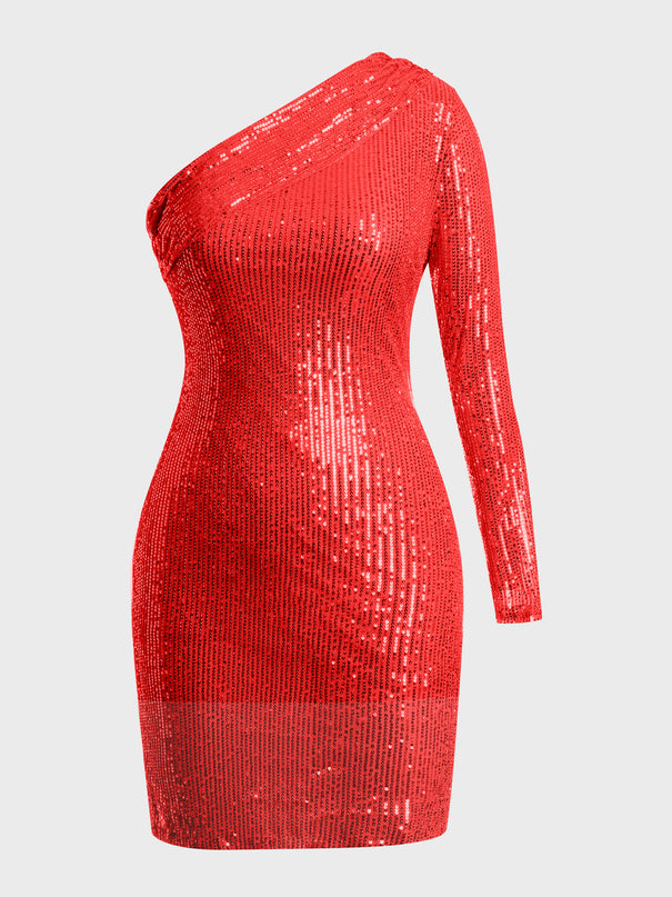 One-Shoulder Oblique Sequined Midi Dress (Red)