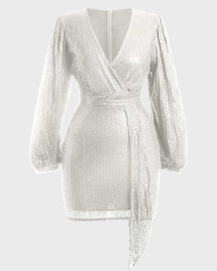 V-Neck Lantern Sleeved Sequined Mini Dress (White)