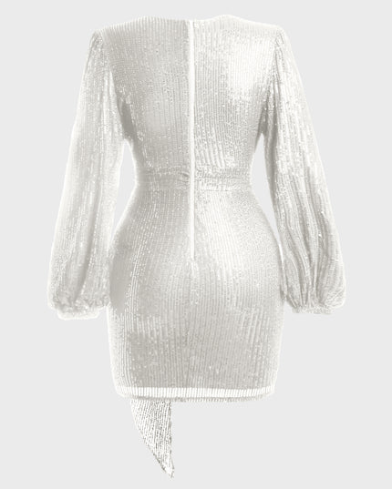 V-Neck Lantern Sleeved Sequined Mini Dress (White)