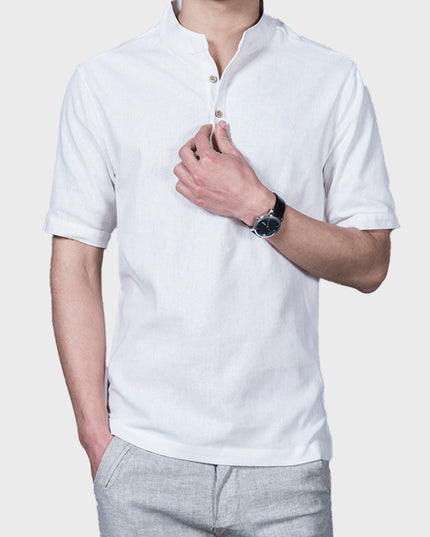 Solid Linen Stand Collar Men's Shirt