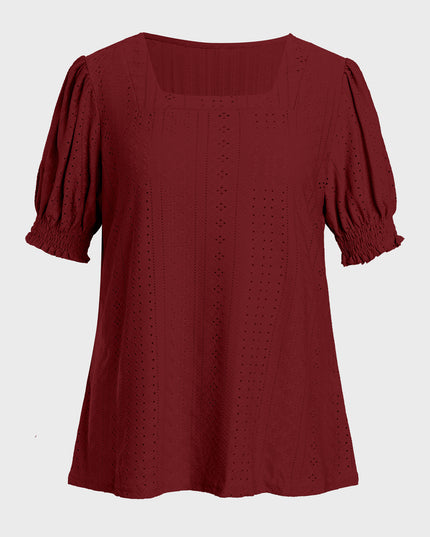 Square Neck Jacquard Puff Sleeve Top