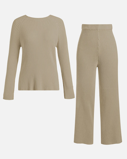 Knitted Two Piece Set O-Neck Loose Sweater & High Waist Wide Leg Pants